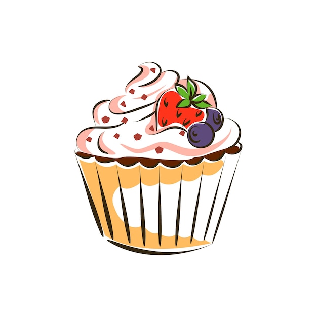 Mantequilla, crema, muffin, chocolate, topping, fresas, y, arándanos, vector