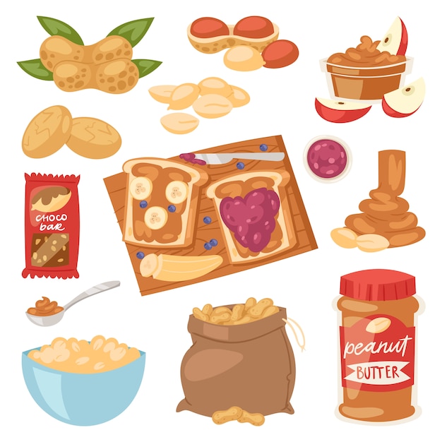 Mantequilla de maní o pasta de maní sobre pan tostado conjunto de ilustración de crema de nuez nutritiva o cáscara de nuez aislado sobre fondo blanco.