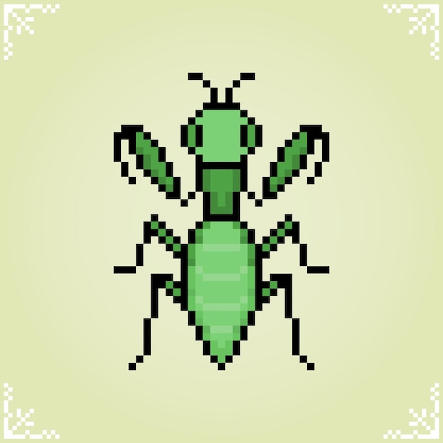 Mantis de insectos en píxeles de 8 bits para activos de juego en ilustración vectorial