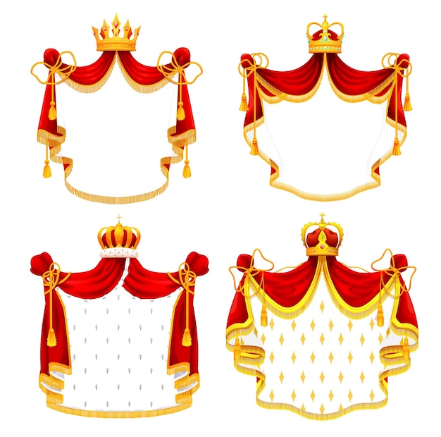 Manto real heráldico medieval con corona. Blasón de reyes, escudo de armas del monarca o símbolo de vector de heráldica o emblema real con borlas, flecos y piel de armiño, corona de oro con piedras preciosas