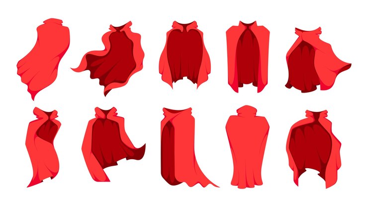 Vector manto rojo de dibujos animados manto cómico plano traje de tela de pañuelo elegante túnica de terciopelo de seda satinada para personaje de héroe de carnaval conjunto aislado vectorial