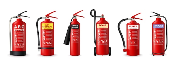 Vector manual del equipo de seguridad contra incendios espuma química cilindros rojos con mangueras concepto de instrucción de extinción de encendido polvo de extinción de incendios emblema de llama y guía conjunto de extintores vectoriales