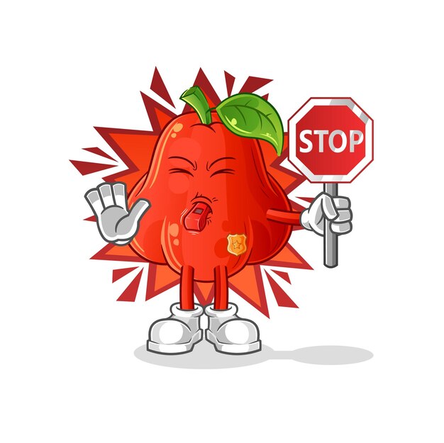 Manzana de agua con vector de mascota de dibujos animados de señal de stop