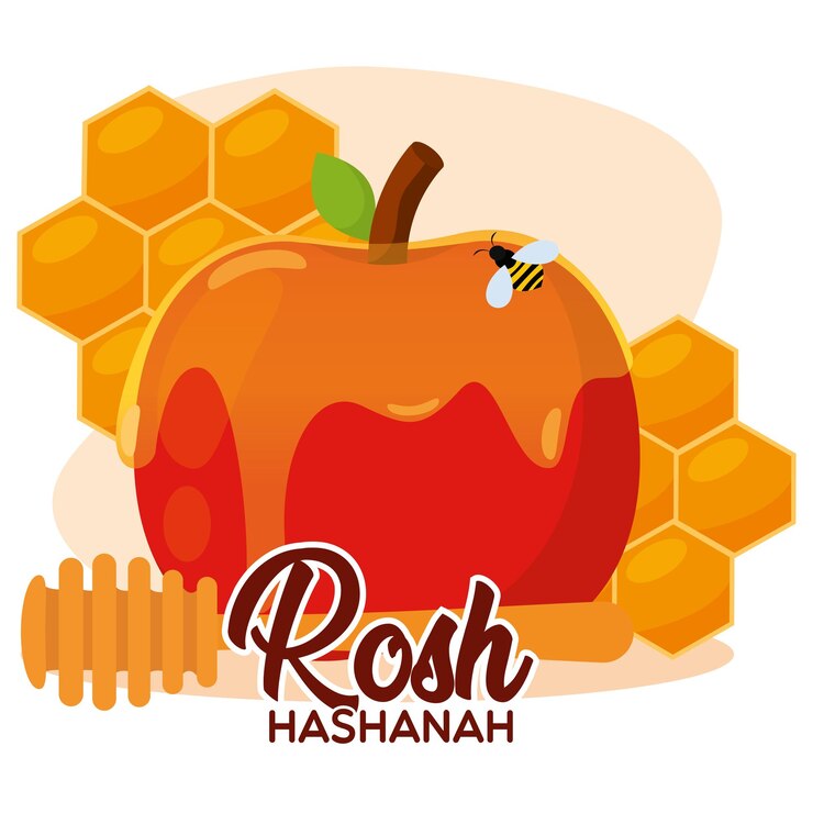 Vector manzana aislada con miel y una abeja rosh hashaná vector ilustración