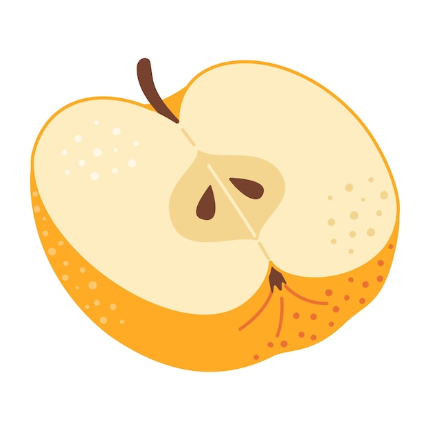 Manzana amarilla cortada a la mitad dibujada a mano en estilo plano de moda