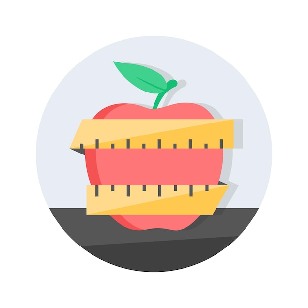 Manzana con cinta de pulgadas que muestra el icono del concepto plano de la dieta salud dieta