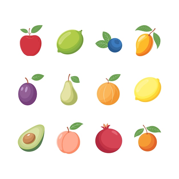 Manzana ciruela pera lima limón melocotón arándano aguacate Conjunto de íconos de frutas Vector plano