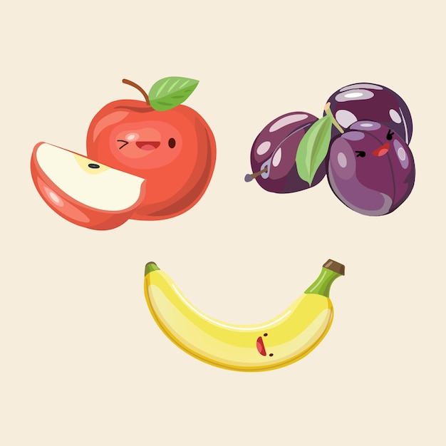 Manzana, ciruela y plátano, ilustración linda del icono, logotipos de dibujos animados kawaii de la etiqueta engomada, concepto de fruta