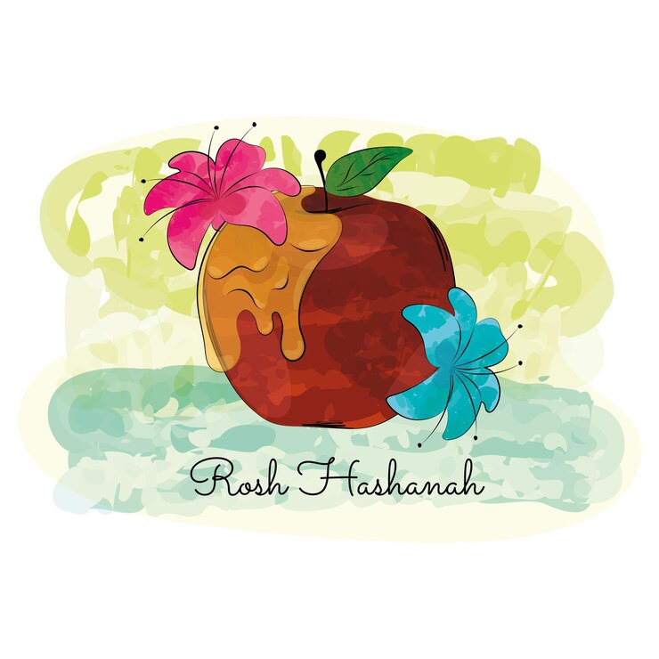 Vector manzana coloreada con flores y miel rosh hashanah vector