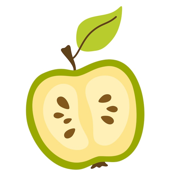 Manzana cortada a la mitad Sección transversal de la fruta con semillas carne fresca tallo y hoja Alimentos vitamínicos saludables