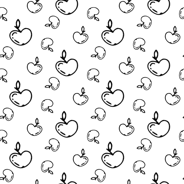 Manzana dibujada a mano de patrones sin fisuras. Doodle dibujo negro. Símbolo de signo. Elemento de decoración. Aislado sobre fondo blanco. Diseño plano. Ilustración vectorial.