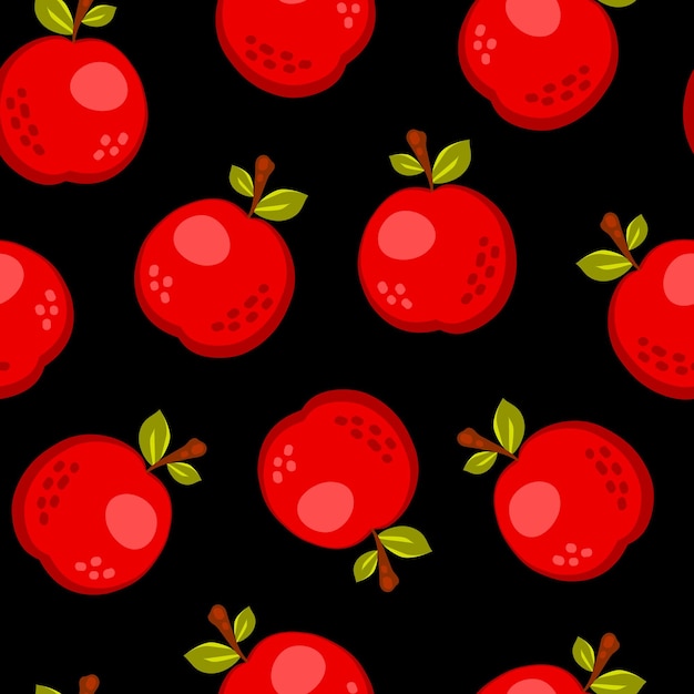 Manzana de dibujos animados rojo fruta de patrones sin fisuras aislado sobre fondo negro Doodle vector simple comida jugosa Diseño de empaque de jugo Plantilla de impresión de tela de verano