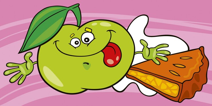 Vector manzana divertida con pastel y leche