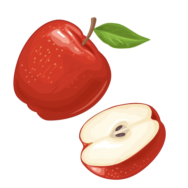 Manzana entera y media con hoja. Ilustración plana en color para cartel, web. Aislado sobre fondo blanco.