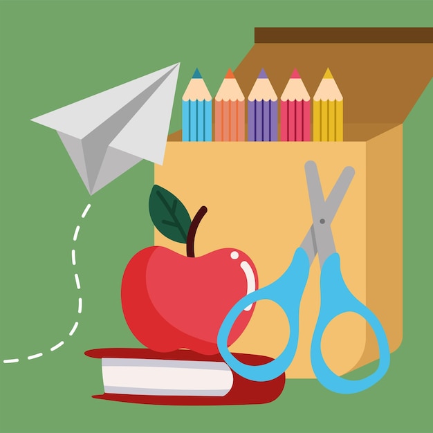 Vector manzana escolar y suministros.