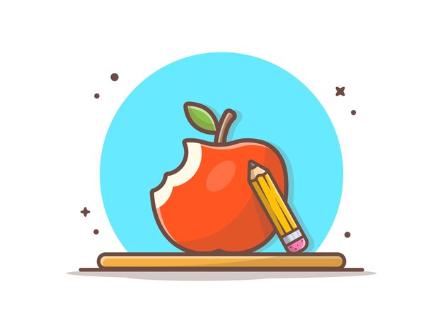 Manzana fruta y lápiz. ilustración del icono de regreso a la escuela.