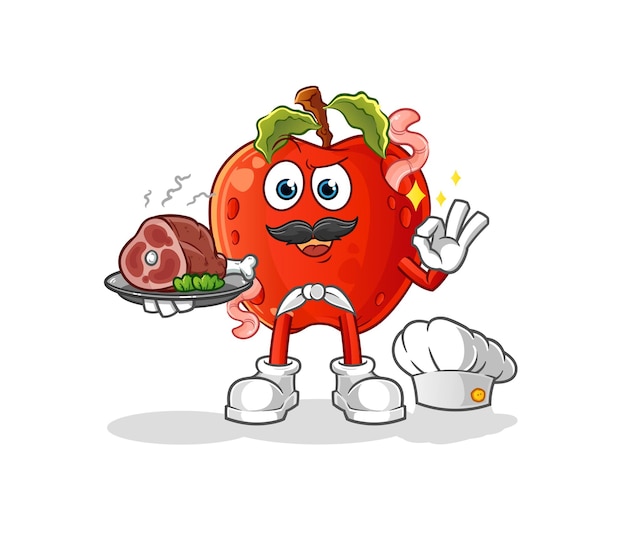 Manzana con gusano chef con mascota de carne. vector de dibujos animados