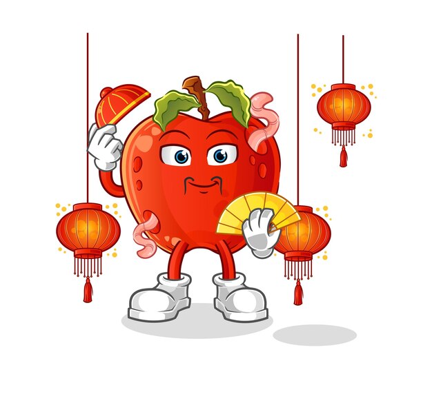 Manzana con gusano chino con vector de caracteres de ilustración de linternas