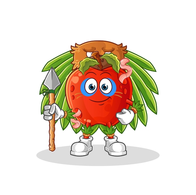 Manzana con gusano hombre tribal mascota vector de dibujos animados