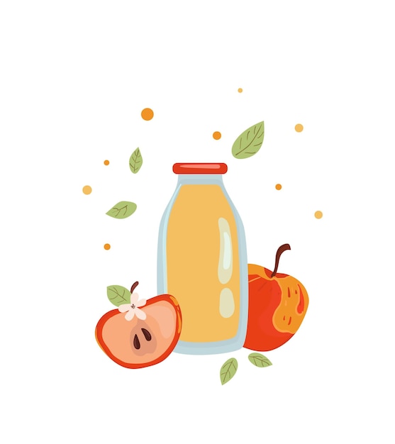 Manzana y jugo de manzana en una botella de vidrio Jugo fresco Manzana fresca entera y media Manzana rojaxDxAxDxA