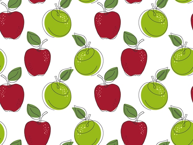 Manzana madura patrón sin costuras verde rojo dibujado Doodle manzanas verano otoño cosecha jardín fondo