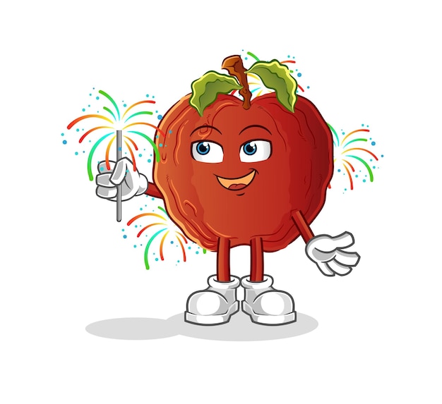 La manzana podrida con la mascota de los fuegos artificiales. vector de dibujos animados