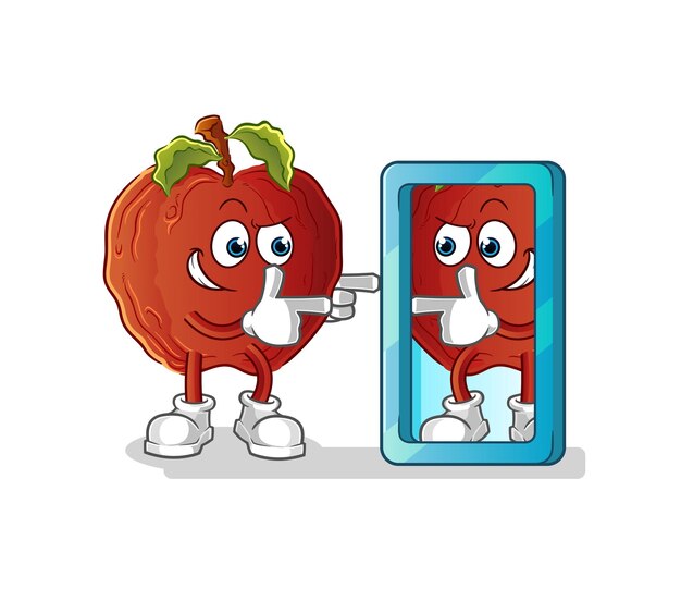 La manzana podrida mirando en el espejo de dibujos animados. vector de mascota de dibujos animados