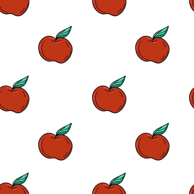 Manzana roja con contorno negro estilo de dibujos animados de patrones sin fisuras ilustración vectorial