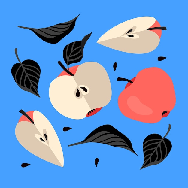 Manzana roja en estilo moderno de dibujos animados, conjunto de manzanas sobre fondo azul, ilustración vectorial