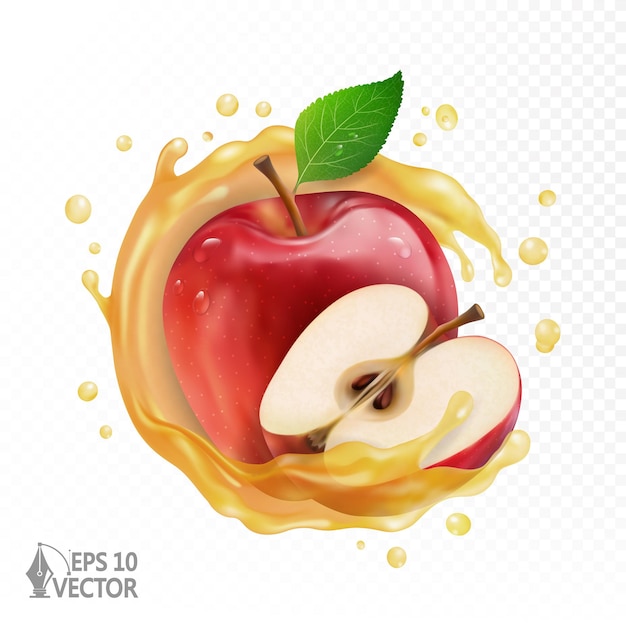 Manzana roja fresca natural y jugo de manzana medio realista salpicadura transparente 3d ilustración vectorial