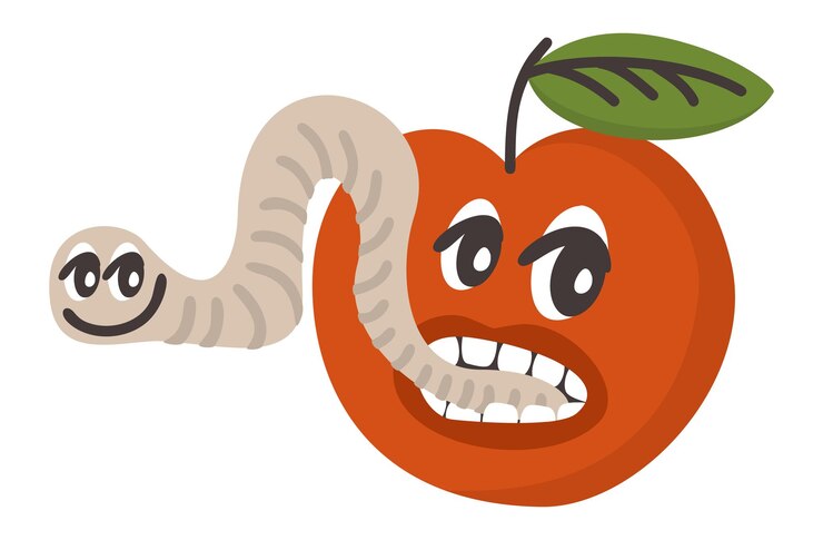 Vector manzana roja con gusano en la boca estilo de dibujos animados retro groovy ilustración aislada vectorial