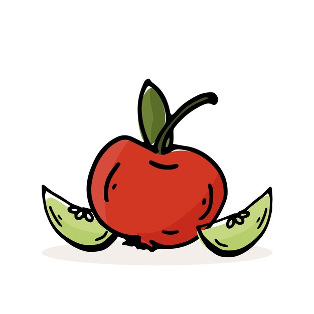 Manzana roja de otoño con rodajas vector aislado Tema de alimentos de cosecha Color Doodle fruta única Elemento de diseño dibujado a mano para diseños naturales y orgánicos icono elementos web patrón de tarjeta