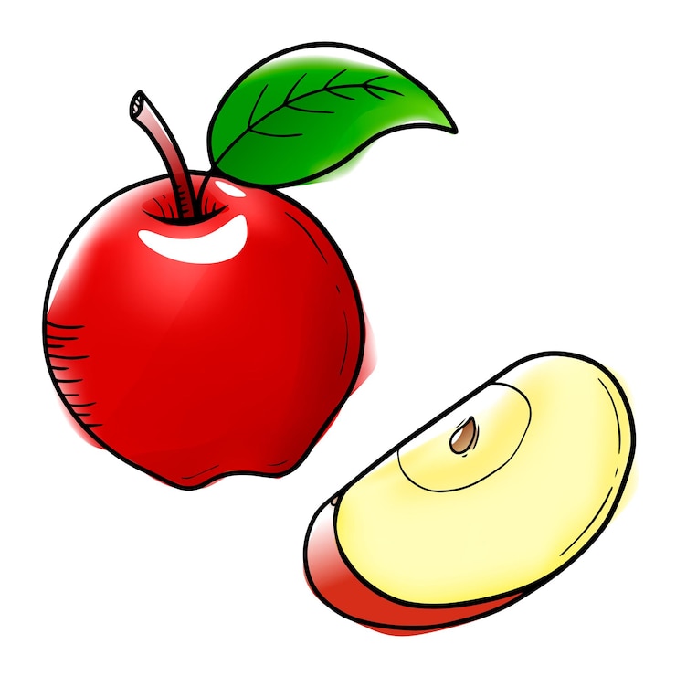 Vector manzana roja vectorial en estilo acuarela con contorno negro