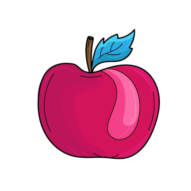 Manzana rosa con hojas azules en estilo de dibujos animados en un icono de Vector de fondo blanco