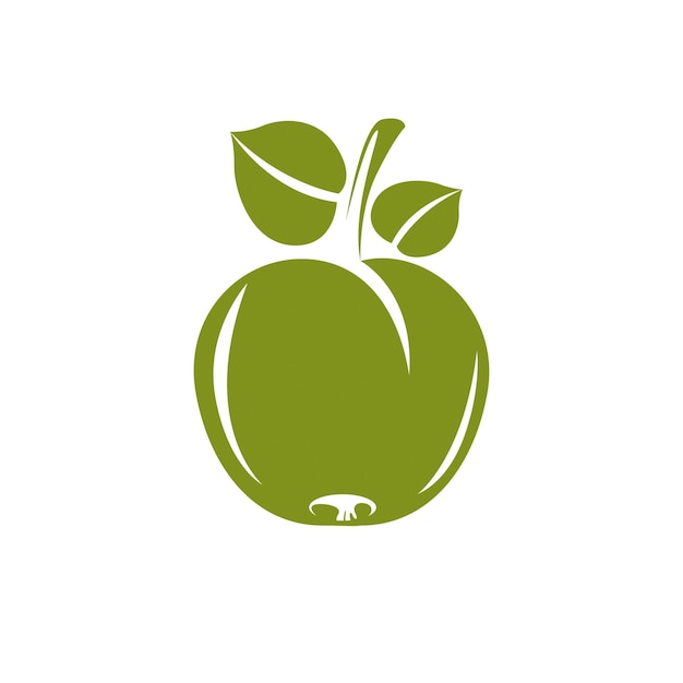 Manzana vectorial simple verde única con hojas verdes, ilustración de fruta dulce madura. alimentos saludables y orgánicos, símbolo de la temporada de cosecha.