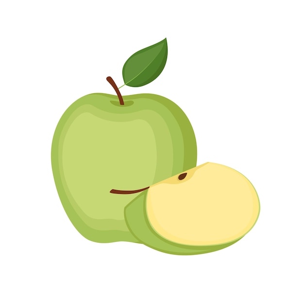 Manzana verde entera fruta y rebanada vector ilustración