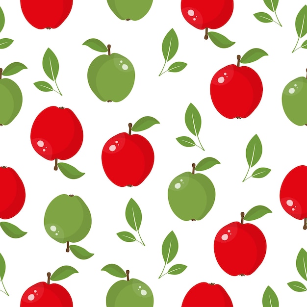 Manzana verde roja y hojas de patrones sin fisuras sobre fondo blanco.
