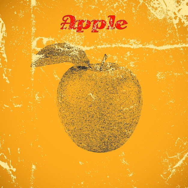 Manzana vintage dibujada a mano aislada sobre fondo grunge angustiado amarillo