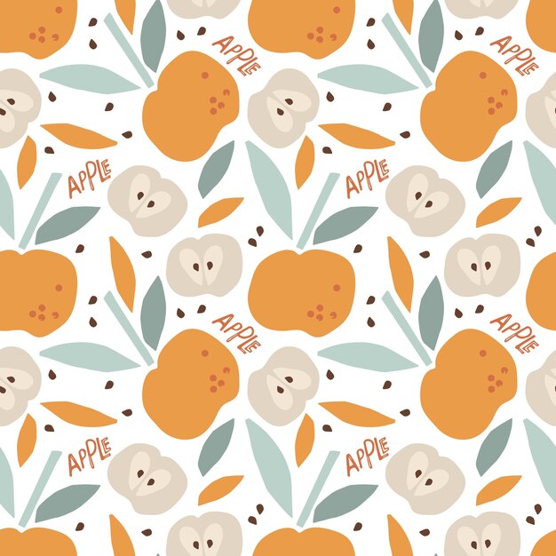 Manzanas infantiles con hojas dibujadas a mano boceto de patrones sin fisuras Fruta entera y cortada por la mitad