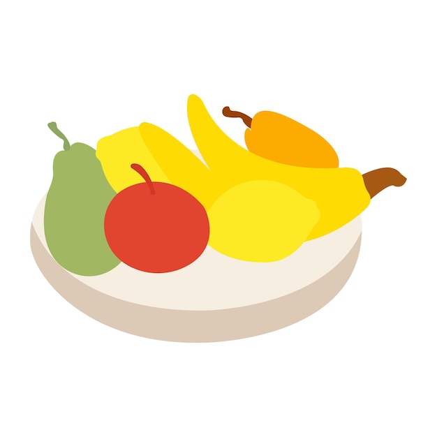Manzanas, limones, plátanos, peras en un recipiente acompañado de un fondo blanco.