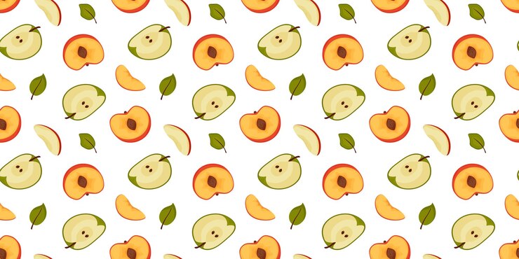 manzanas y melocotones enteros y en rebanadas patrón sin costuras con hojas ilustración de frutas vectoriales coloridas brillantes verano brillante naturaleza orgánica comida vegana adecuada para papel tapiz textil de cocina