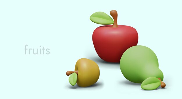 Manzanas y peras vectoriales en composición 3d de estilo plastilina sobre fondo de color