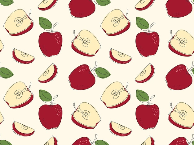 manzanas rojas frescas maduras rebanadas con patrón sin costuras y manzanas enteras dibujadas con garabateo cosecha de verano y otoño