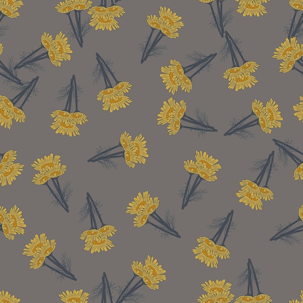 Manzanilla de patrones sin fisuras sobre fondo gris oscuro. hermoso adorno de flores de verano. plantilla de textura aleatoria para tela. ilustración de vector de diseño.