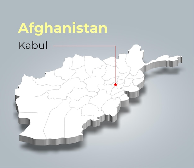 Mapa 3D de Afganistán con fronteras de regiones y su capital