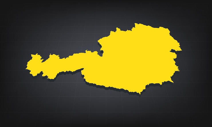 Vector mapa 3d amarillo de austria en un fondo oscuro que muestra la forma geográfica