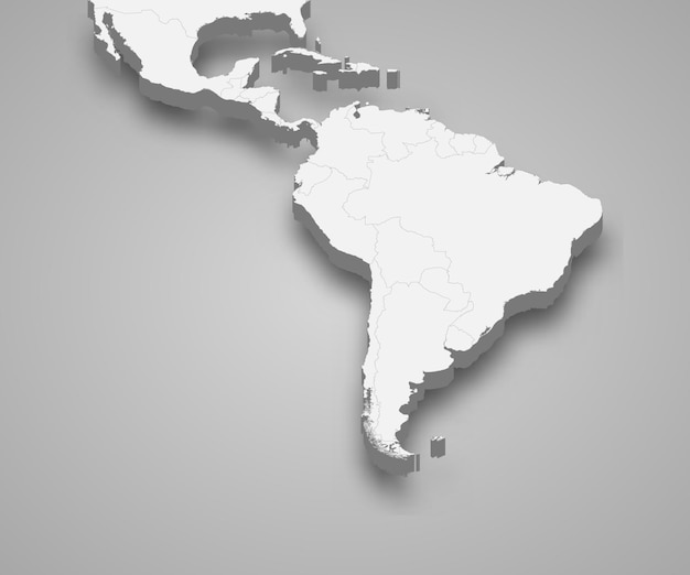 Mapa 3D de América Latina con estados fronterizos