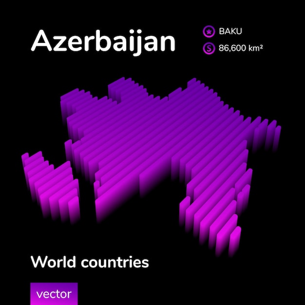 Mapa 3d de azerbaiyán el mapa vectorial de rayas isométricas digitales de neón estilizado de azerbaiyán está en colores violeta y rosa sobre fondo negro