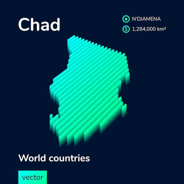 Mapa 3D de Chad está en colores verde neón y menta sobre fondo azul oscuro