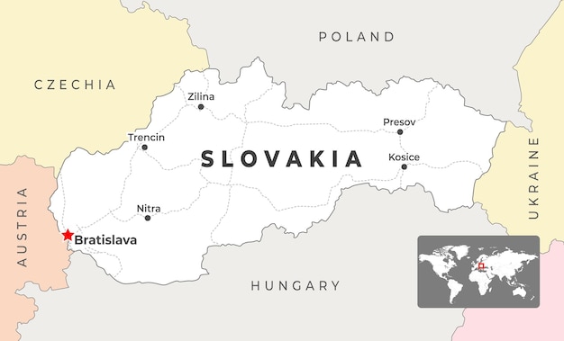 Mapa 3D de Eslovaquia con las fronteras de las regiones y su capital